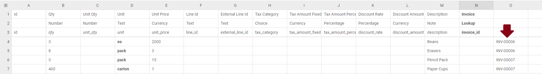 Data invoice line sheet with Invoice References in a column with no heading